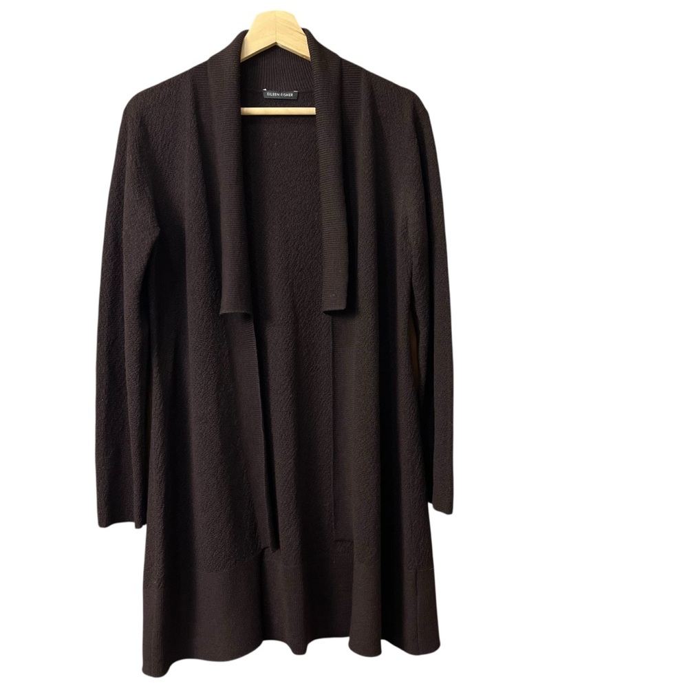 Eileen Fisher Brown 100% Wool‎ Mesh Knit Light Weight Open Cardigan Size S/M